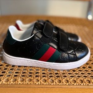 GUCCI KIDS Black Leather GG Logo Trainers